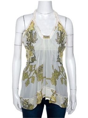 Roberto Cavalli Cream Printed Silk Sheer Halter Top